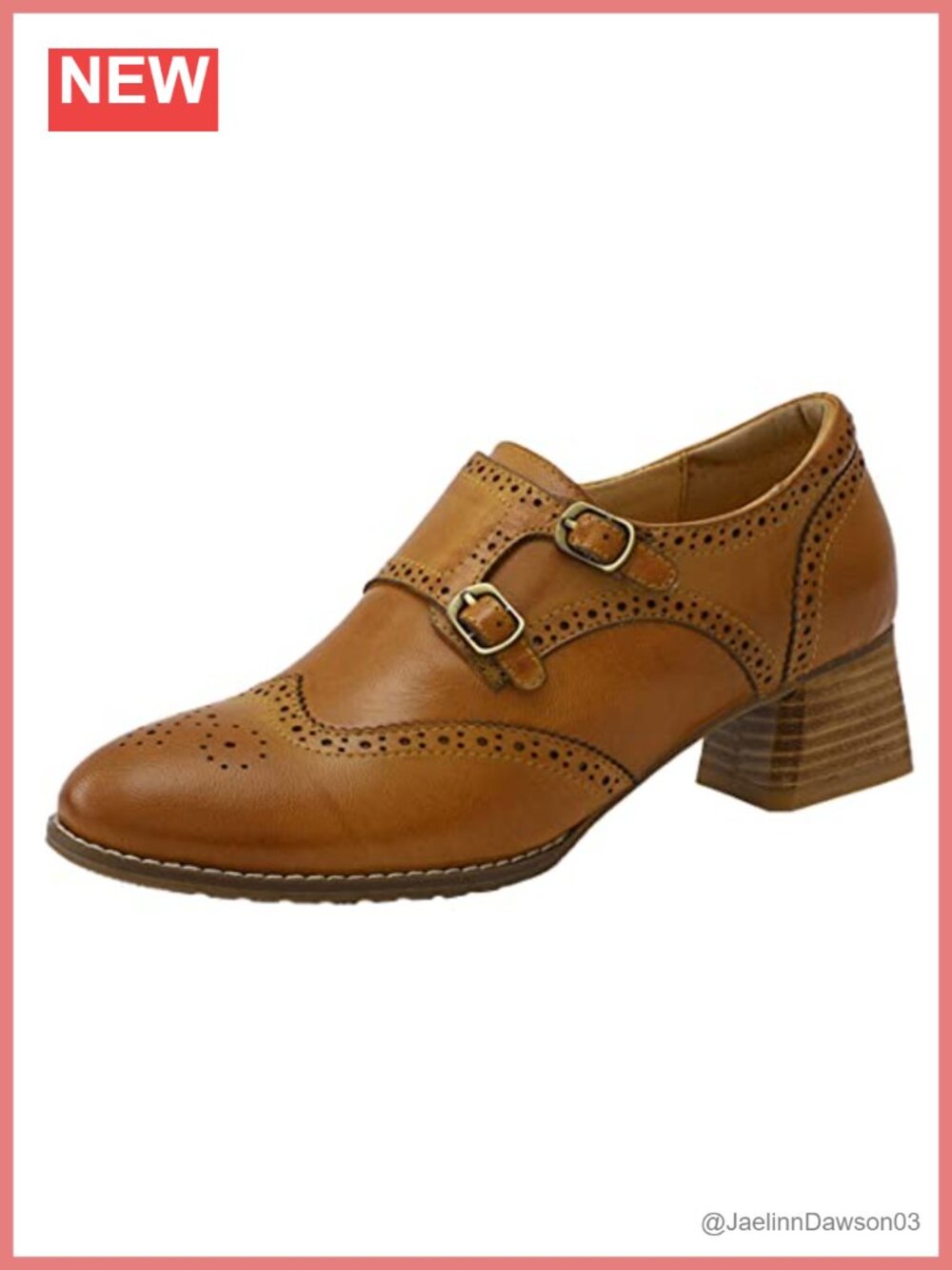 Women's Leather Chunky Heel Monk Strap Wingtip Oxfords